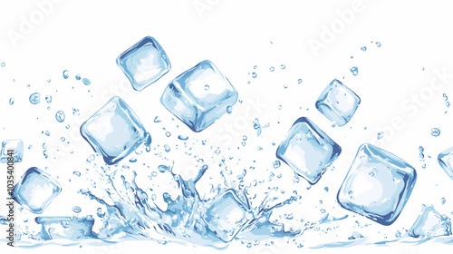 Ice cubes with water splash and drops. Cold mineral water, natural aqua or cocktail drink realistic vector splashes or frozen motion ripples with ice cubes. Refreshing beverage, soda isolated fizz
