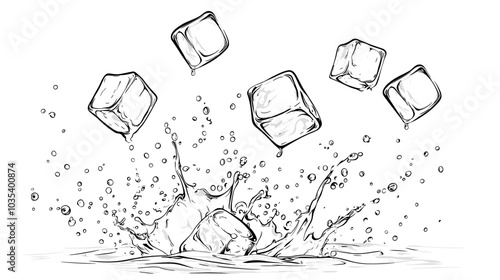 Ice cubes with water splash and drops. Cold mineral water, natural aqua or cocktail drink realistic vector splashes or frozen motion ripples with ice cubes. Refreshing beverage, soda isolated fizz