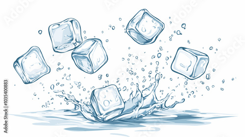Ice cubes with water splash and drops. Cold mineral water, natural aqua or cocktail drink realistic vector splashes or frozen motion ripples with ice cubes. Refreshing beverage, soda isolated fizz