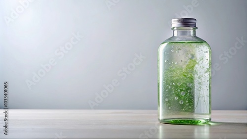 A bottle of clear slimy substance sits on a white desk isolated, bottle, container, liquid