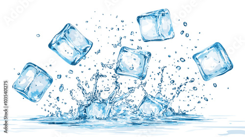 Ice cubes with water splash and drops. Cold mineral water, natural aqua or cocktail drink realistic vector splashes or frozen motion ripples with ice cubes. Refreshing beverage, soda isolated fizz