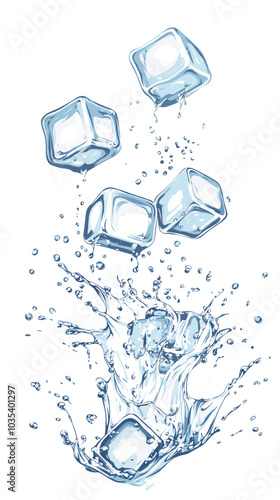 Ice cubes with water splash and drops. Cold mineral water, natural aqua or cocktail drink realistic vector splashes or frozen motion ripples with ice cubes. Refreshing beverage, soda isolated fizz