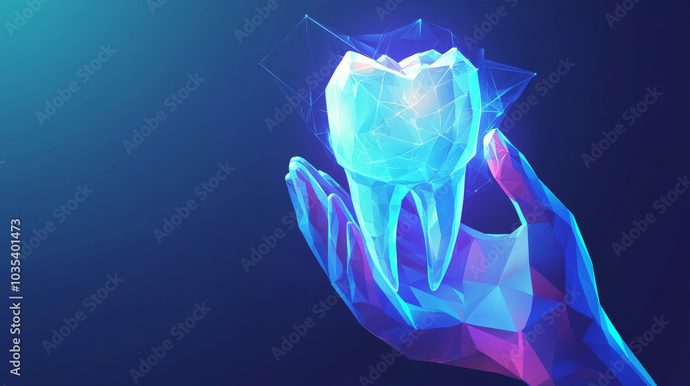 Fototapeta premium Illustrate a dentist holding a tooth in their hands, designed in a futuristic polygonal style.
