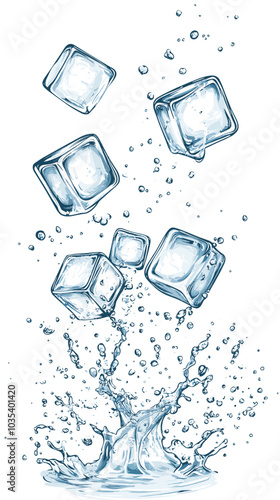 Ice cubes with water splash and drops. Cold mineral water, natural aqua or cocktail drink realistic vector splashes or frozen motion ripples with ice cubes. Refreshing beverage, soda isolated fizz