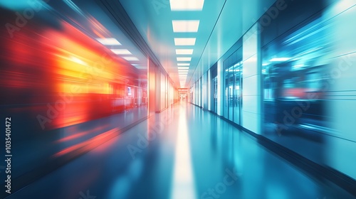 abstract defocused blurred technology space background, empty business corridor or shopping mall. Medical and hospital corridor defocused background with modern laboratory . 