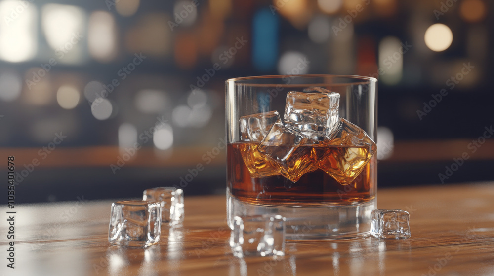 A glass of strong alcoholic drink, such as whiskey, served with ice cubes on a wooden bar counter. The glass contains a chilled, amber-colored drink, with the ice adding a touch of refreshment. The sc A glass of strong alcoholic drink, such as whiskey, served with ice cubes on a wooden bar counter. The glass contains a chilled, amber-colored drink, with the ice adding a touch of refreshment. The sc