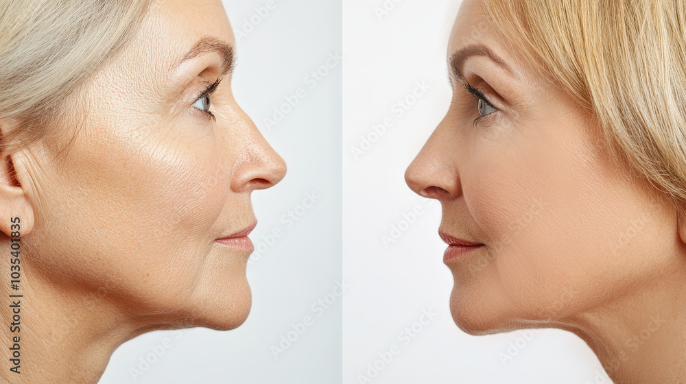 The split view showcases a middle-aged woman's face, highlighting the stark contrast between signs of aging and the results of facial rejuvenation techniques, facelift and facial surgery, botox The split view showcases a middle-aged woman's face, highlighting the stark contrast between signs of aging and the results of facial rejuvenation techniques, facelift and facial surgery, botox