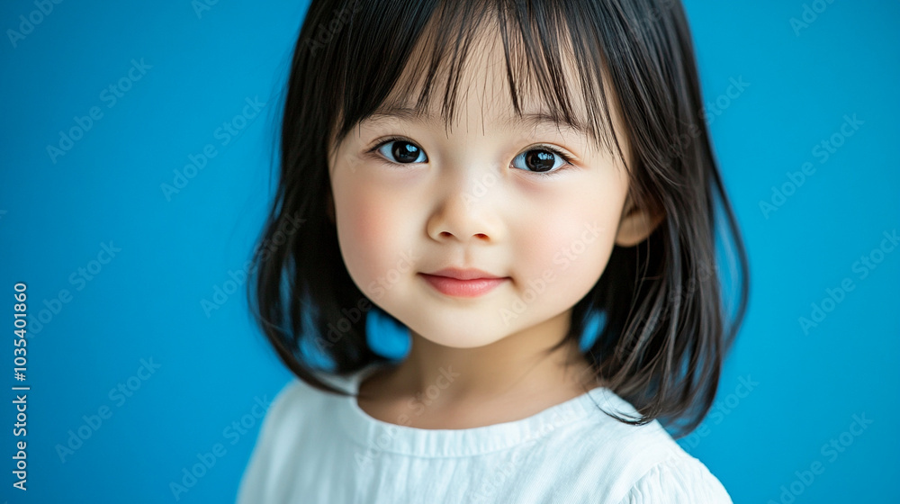 Chinese beautiful girl with dark hair against blue background Chinese beautiful girl with dark hair against blue background