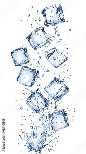 Ice cubes with water splash and drops. Cold mineral water, natural aqua or cocktail drink realistic vector splashes or frozen motion ripples with ice cubes. Refreshing beverage, soda isolated fizz