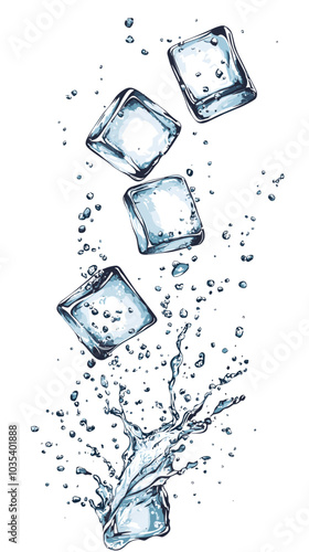 Ice cubes with water splash and drops. Cold mineral water, natural aqua or cocktail drink realistic vector splashes or frozen motion ripples with ice cubes. Refreshing beverage, soda isolated fizz