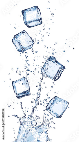 Ice cubes with water splash and drops. Cold mineral water, natural aqua or cocktail drink realistic vector splashes or frozen motion ripples with ice cubes. Refreshing beverage, soda isolated fizz