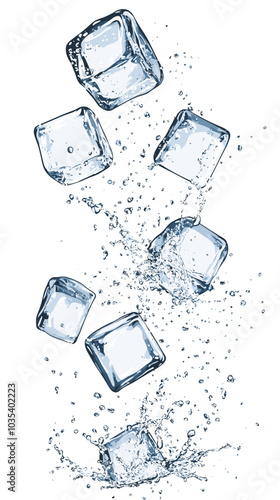 Ice cubes with water splash and drops. Cold mineral water, natural aqua or cocktail drink realistic vector splashes or frozen motion ripples with ice cubes. Refreshing beverage, soda isolated fizz
