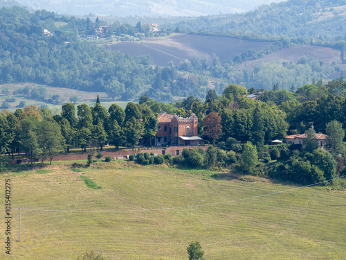 Bologna overview from the top of the Sanctuary of the Madonna of San Luca, Italy photo