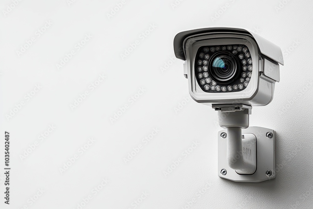 Surveillance camera mounted on a clean white wall, representing modern security measures in action Surveillance camera mounted on a clean white wall, representing modern security measures in action