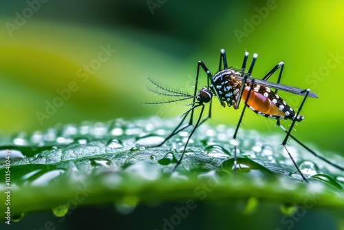 Close-up of a mosquito on a dewy green leaf in a tropical rainforest during early morning