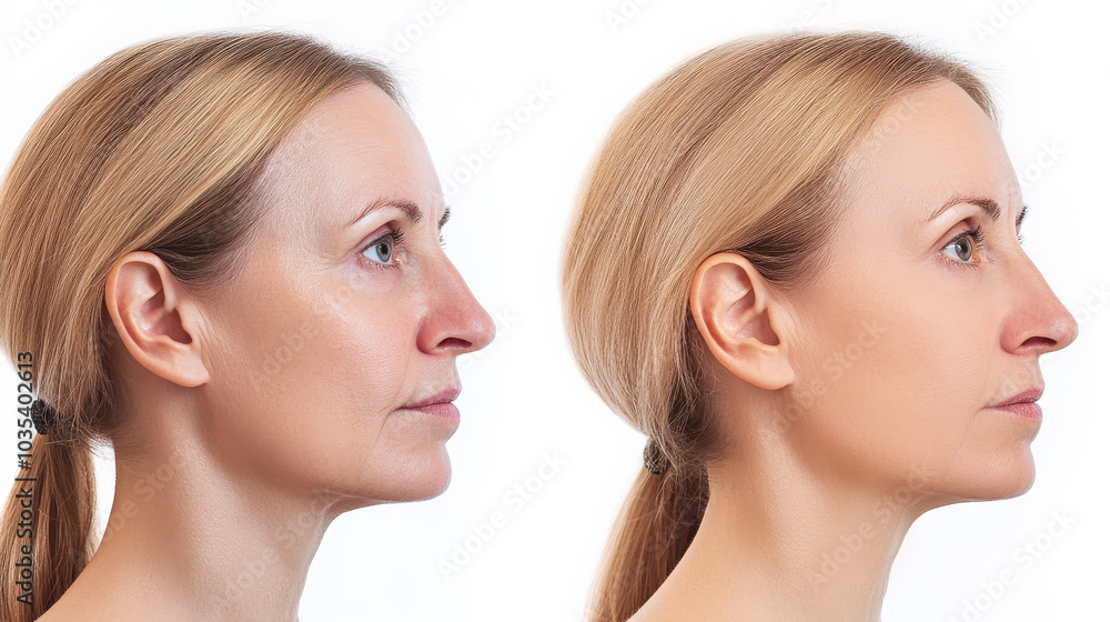 The image features a woman whose face is divided to illustrate the contrast between aging and the rejuvenated appearance after cosmetic procedures, highlighting facelifts and fillers The image features a woman whose face is divided to illustrate the contrast between aging and the rejuvenated appearance after cosmetic procedures, highlighting facelifts and fillers