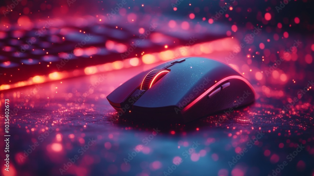 A sleek gaming mouse glows with vibrant colors on a desk, accompanied by a keyboard. The ambiance suggests an engaging late-night gaming atmosphere. A sleek gaming mouse glows with vibrant colors on a desk, accompanied by a keyboard. The ambiance suggests an engaging late-night gaming atmosphere.