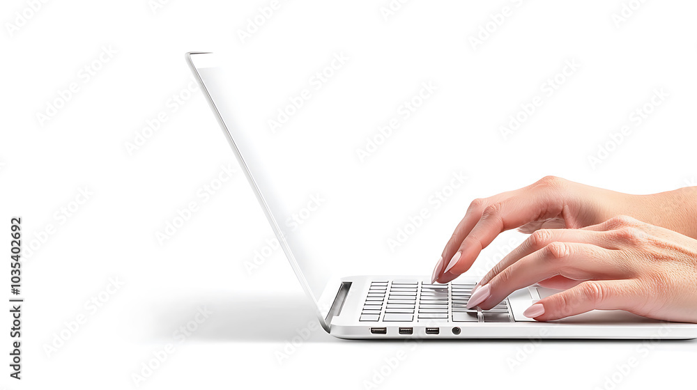 close up of hands typing on laptop keyboard, showcasing productivity and focus in modern workspace. clean background emphasizes action of working close up of hands typing on laptop keyboard, showcasing productivity and focus in modern workspace. clean background emphasizes action of working
