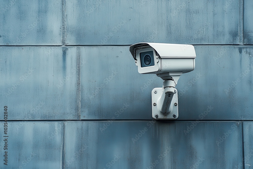 Security camera mounted on a modern blue wall in a contemporary urban setting Security camera mounted on a modern blue wall in a contemporary urban setting