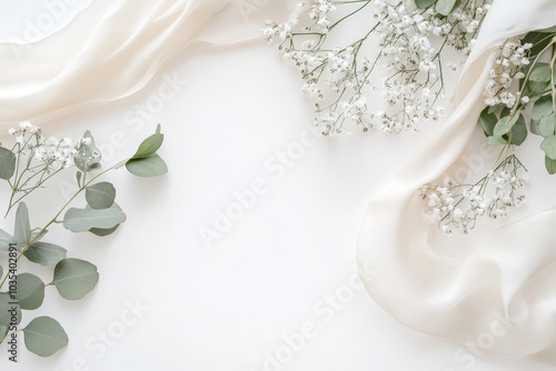 White Flowers, Green Leaves, and White Silk Fabric on a White Background