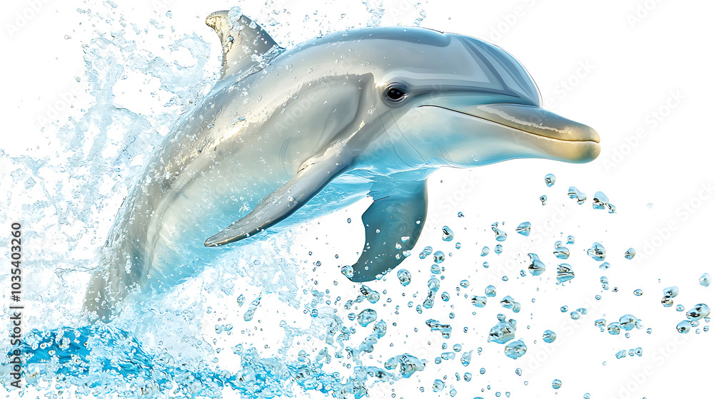 Fototapeta premium dolphin leaps gracefully out of ocean, surrounded by splashes of water, showcasing its playful nature and agility. This vibrant scene captures essence of marine life