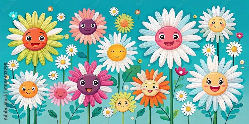 Funky Daisy Flower Stickers with Faces in Retro Flat Style for Creative Projects Funky Daisy Flower Stickers with Faces in Retro Flat Style for Creative Projects