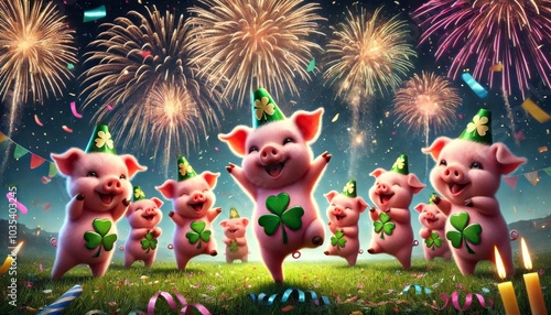 Tanzende Glücksschweinchen unter Feuerwerk