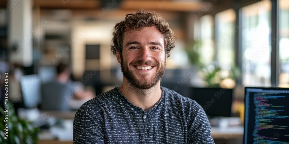 Young programmer smiling in a modern office, Generative AI Young programmer smiling in a modern office, Generative AI