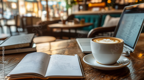 Cozy coffee shop workspace with open notebook, coffee, and laptop on wooden table