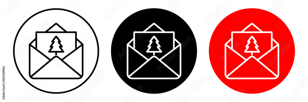 Christmas envelope with christmas tree, vector illustration black silhouette on white background for sticker, print, poster, postcard. SET Christmas envelope with christmas tree, vector illustration black silhouette on white background for sticker, print, poster, postcard. SET