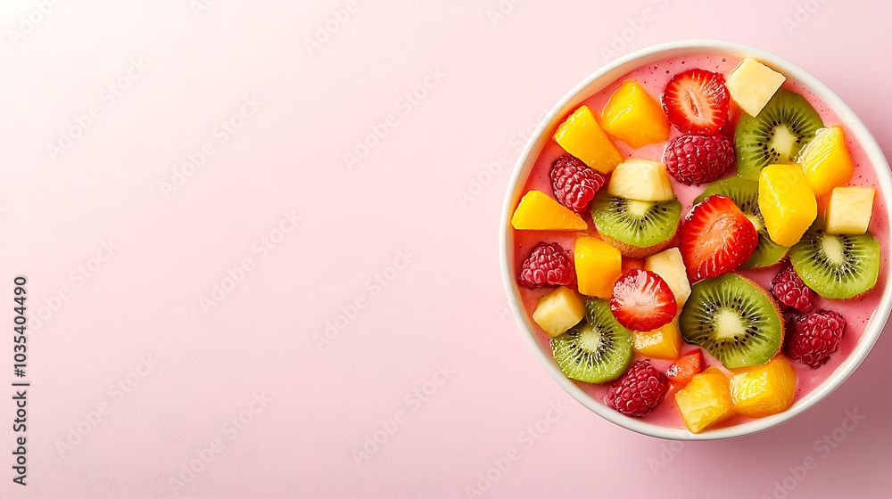 vibrant smoothie bowl filled with fresh fruits like strawberries, kiwi, mango, and raspberries, set against soft pink background, evokes sense of freshness and health vibrant smoothie bowl filled with fresh fruits like strawberries, kiwi, mango, and raspberries, set against soft pink background, evokes sense of freshness and health
