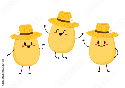 Potato character design. Potato vector. Potato cartoon on white background. Farmer hat. Peasant hat vector.