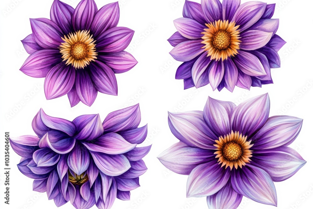 Obraz premium Purple Dahlia Flower Petals Watercolor Illustration, floral, botanical