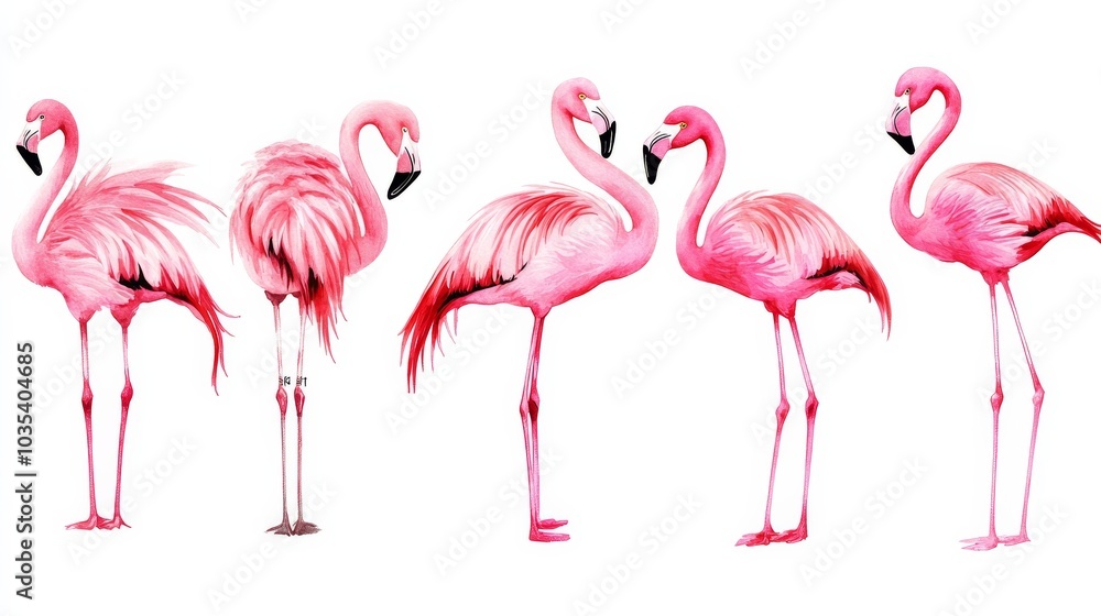 Obraz premium Five Watercolor Pink Flamingos with White Background, Tropical , Bird