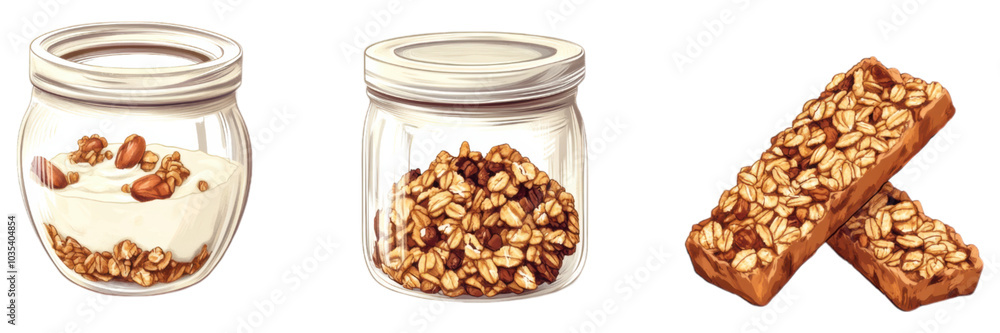 Granola Bars Oatmeal and Yogurt in Glass Jars Healthy Snack Food Concept Granola Bars Oatmeal and Yogurt in Glass Jars Healthy Snack Food Concept