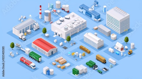 3D isometric diagram of pharmaceutical manufacturing with supply chain and logistics areas