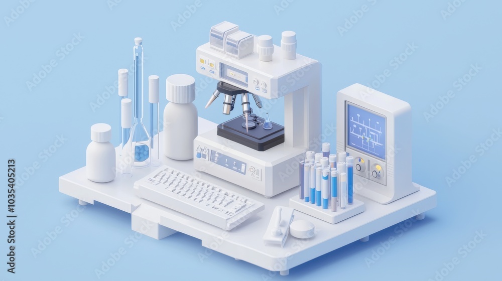 3D isometric illustration of a pharmaceutical lab with equipment and digital controls 3D isometric illustration of a pharmaceutical lab with equipment and digital controls