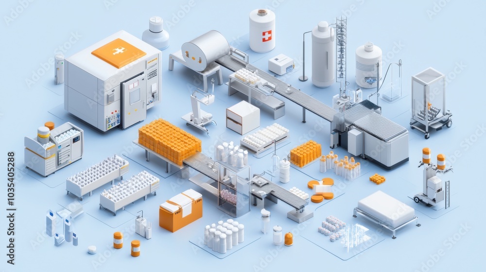 Isometric representation of pharmaceutical manufacturing with machines and assembly lines Isometric representation of pharmaceutical manufacturing with machines and assembly lines