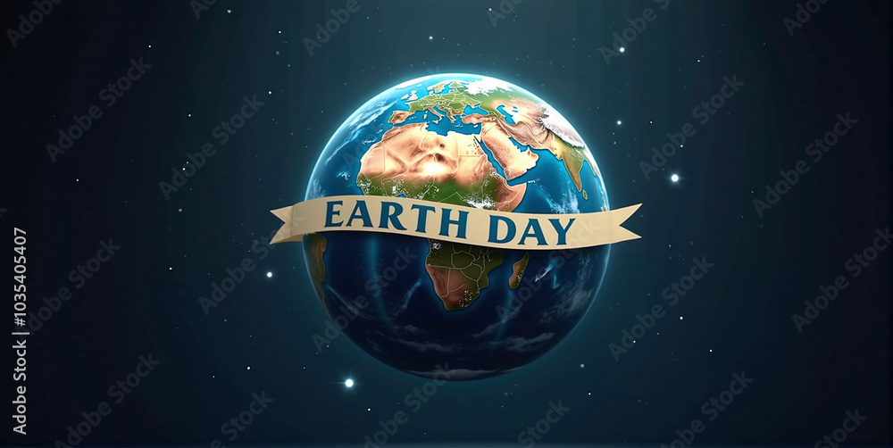 Planet Earth with Earth Day banner, joining the fight against global warming, raising awareness about the health of planet earth Planet Earth with Earth Day banner, joining the fight against global warming, raising awareness about the health of planet earth