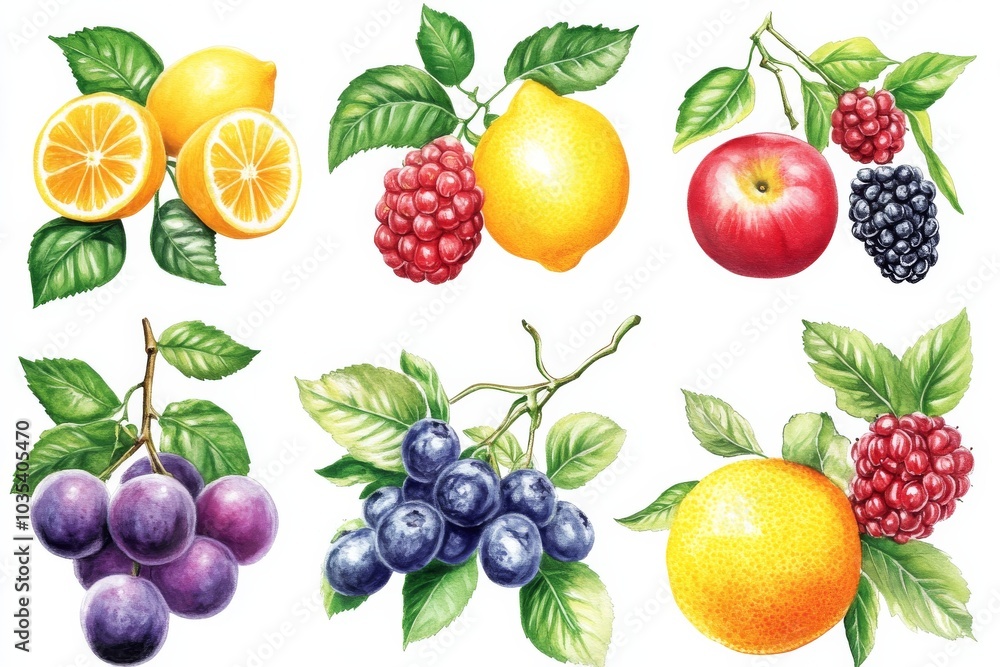 Watercolor Illustration of Fresh Fruits and Berries, Fruit ,Berry Watercolor Illustration of Fresh Fruits and Berries, Fruit ,Berry