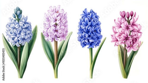 Watercolor Illustration of Four Hyacinths in Blue, Purple, and Pink, Flower, Spring ,hyacinth, flower