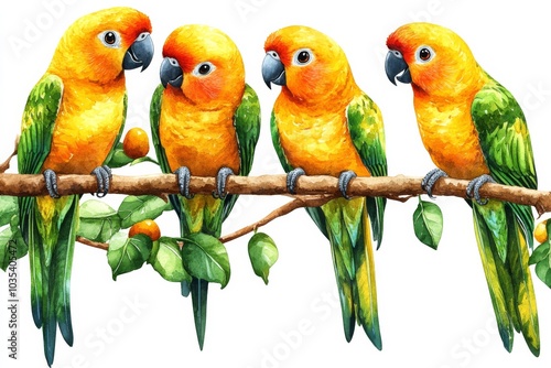 Watercolor Illustration of Four Sun Conures Perched on a Branch, Bird, Parrot , Conure