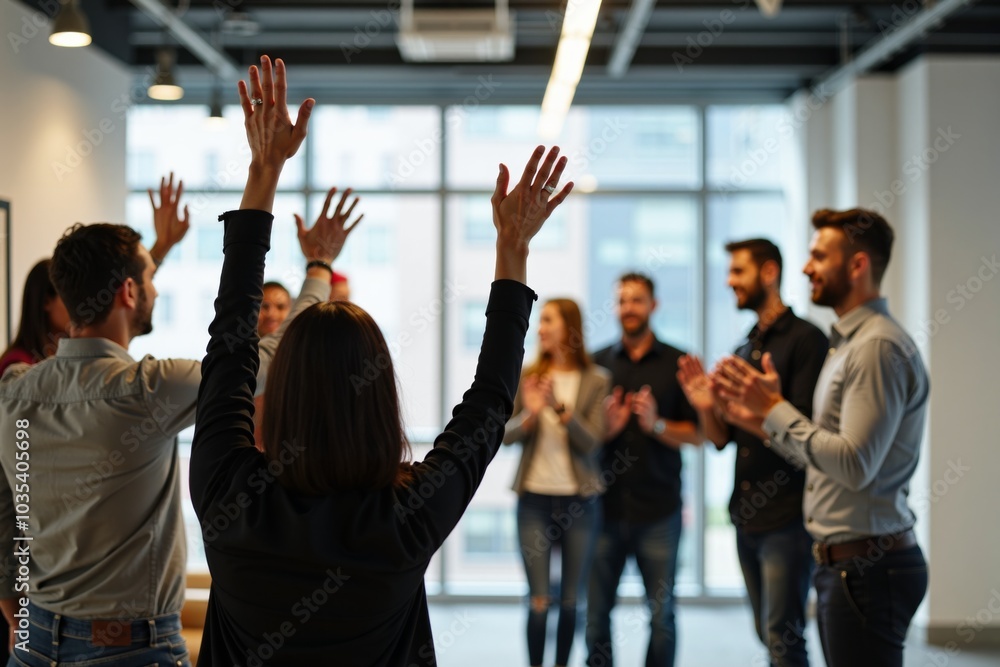 Fototapeta premium Group of colleagues engaging in applause and celebration in a modern office environment with large windows and natural lighting