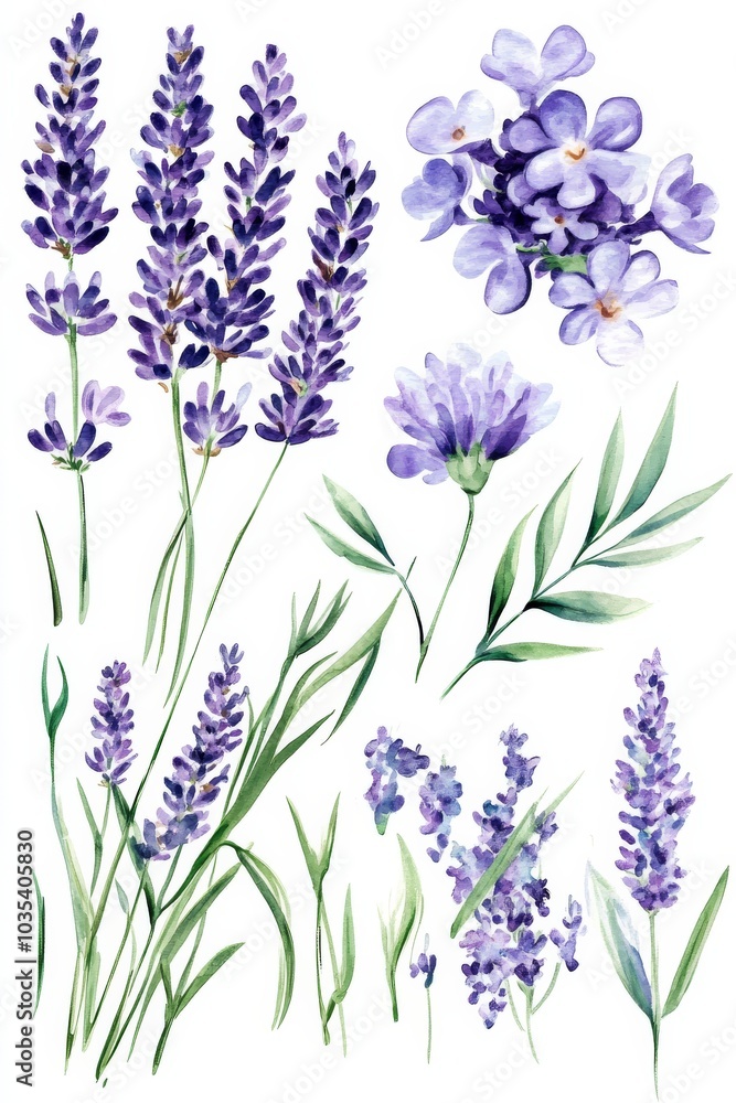Naklejka premium Watercolor Lavender Flowers and Leaves, Watercolor, Purple Flowers, Green Leaves, Floral, Botanical, Nature