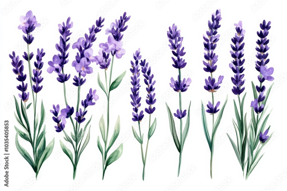 Fototapeta premium Watercolor Lavender Floral Illustration, Botanical Art, Floral Design, Lavender Flowers, Purple Flowers, Watercolor Painting, Floral Illustration