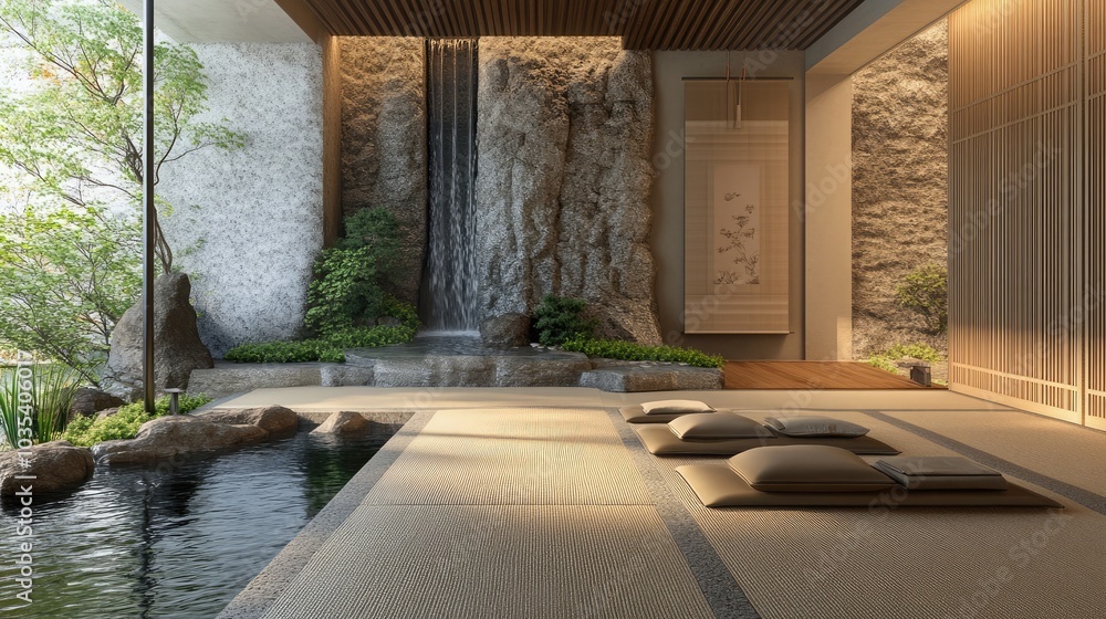 Fototapeta premium A harmonious Japanese meditation room with soft flooring