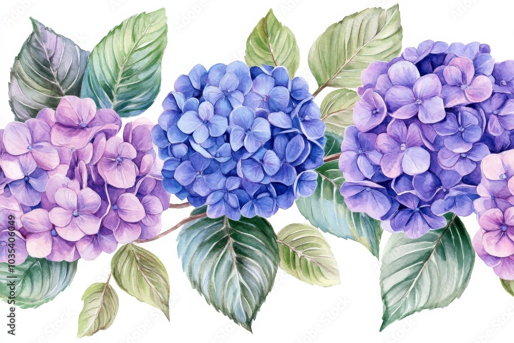 Watercolor Painting of Purple Hydrangea Flowers with Green Leaves, Floral Illustration, Floral Pattern, Hydrangea, Watercolor Watercolor Painting of Purple Hydrangea Flowers with Green Leaves, Floral Illustration, Floral Pattern, Hydrangea, Watercolor