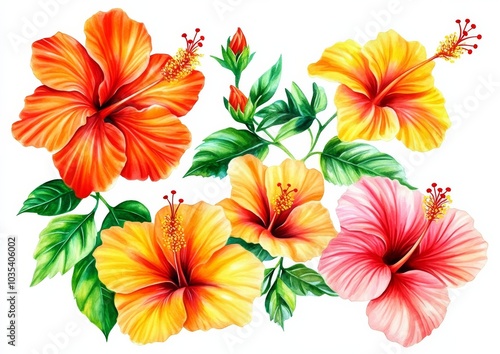 Watercolor Painting of Colorful Hibiscus Flowers with Green Leaves, Floral , Tropical Flower
