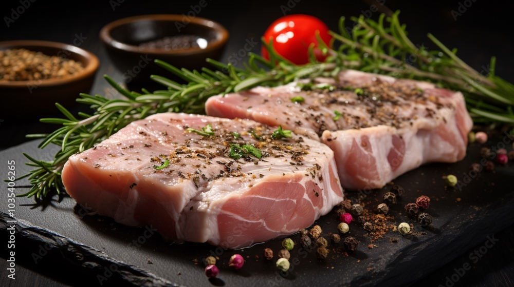 Raw pork loin with a sprig of thyme and cracked black pepper