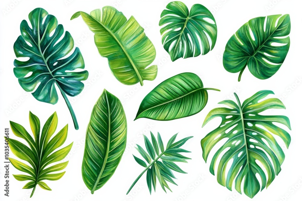 Obraz premium Watercolor Tropical Leaf Illustration Collection of Green Monstera and Palm Leaves, Botanical , Illustration